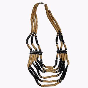 Tribal Beaded Statement Necklace Multi Strand Wooden Black Beads Boho Jewelry